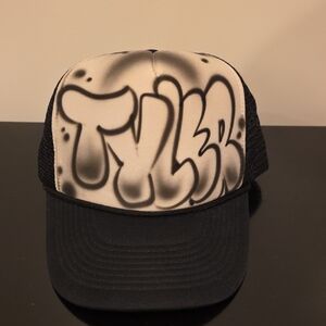 Black & White Graffiti Trucker Hat Snap Back TYLER written on it